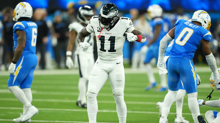 Dec 8, 2025; Inglewood, California, USA;  Philadelphia Eagles wide receiver A.J. Brown (11) reacts in the second half against the Los Angeles Chargers at SoFi Stadium. Mandatory Credit: Kirby Lee-Imagn Images