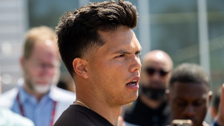 May 10, 2025; Berea, OH, USA; Cleveland Browns quarterback Dillon Gabriel (5) talks to the media during rookie minicamp at CrossCountry Mortgage Campus. Mandatory Credit: Ken Blaze-Imagn Images