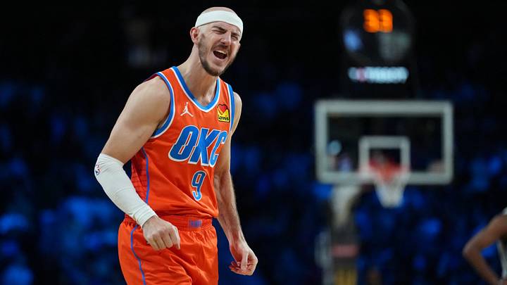 Dec 13, 2025; Las Vegas, Nevada, USA; Oklahoma City Thunder guard Alex Caruso (9) reacts in the games closing seconds against the San Antonio Spurs during the fourth quarter at T-Mobile Arena. Mandatory Credit: Kirby Lee-Imagn Images