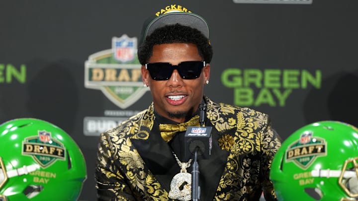 Apr 24, 2025; Green Bay, WI, USA; Matthew Golden speaks in a press conference after being selected by the Green Bay Packers as the number 23 pick in the first round of the 2025 NFL Draft at Lambeau Field. Mandatory Credit: Kirby Lee-Imagn Images Apr 24, 2025; Green Bay, WI, USA; Matthew Golden speaks in a press conference after being selected by the Green Bay Packers as the number 23 pick in the first round of the 2025 NFL Draft at Lambeau Field. Mandatory Credit: Kirby Lee-Imagn Images