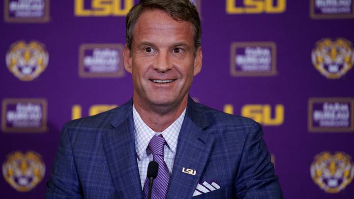 Dec 1, 2025; Baton Rouge, LA, USA; LSU new head coach Lane Kiffin speaks at South Stadium Club at Tiger Stadium. Mandatory Credit: Matthew Hinton-Imagn Images