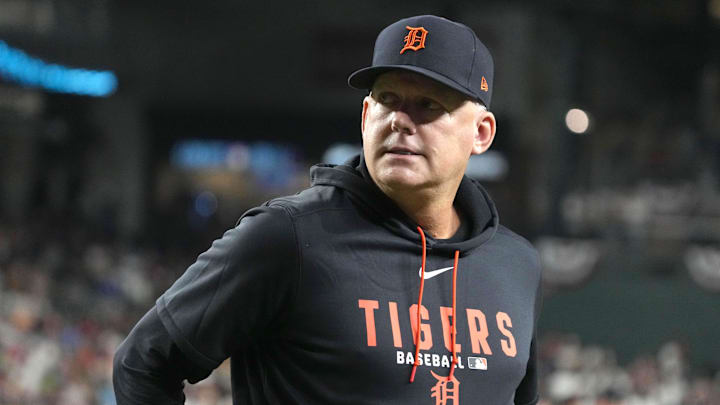 Mar 31, 2026; Phoenix, Arizona, USA; Detroit Tigers manager AJ Hinch against the Arizona Diamondbacks in the eighth inning at Chase Field. 