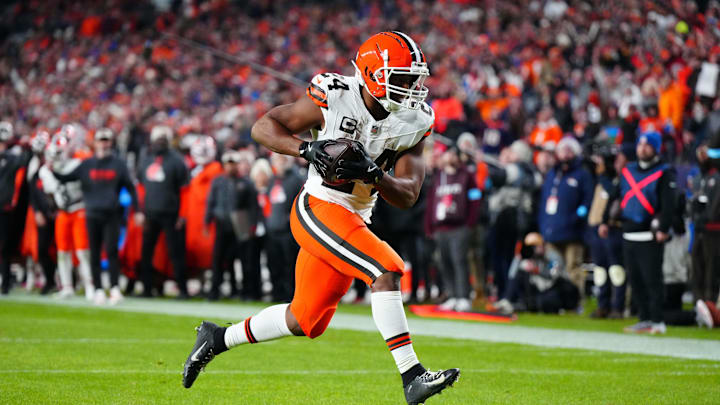 Dec 2, 2024; Denver, Colorado, USA; Cleveland Browns running back Nick Chubb (24) scores a touchdown in the fourth quarter against the Denver Broncos at Empower Field at Mile High. Mandatory Credit: Ron Chenoy-Imagn Images