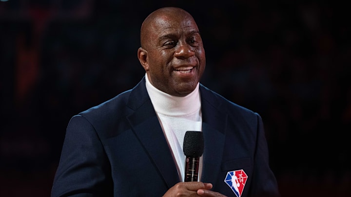 February 20, 2022; Cleveland, Ohio, USA; NBA great Magic Johnson before the 2022 NBA All-Star Game at Rocket Mortgage FieldHouse. Miandatory Credit: Kyle Terada-Imagn Images February 20, 2022; Cleveland, Ohio, USA; NBA great Magic Johnson before the 2022 NBA All-Star Game at Rocket Mortgage FieldHouse. Miandatory Credit: Kyle Terada-Imagn Images