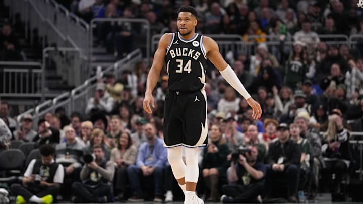 Jan 23, 2026; Milwaukee, Wisconsin, USA;  Milwaukee Bucks forward Giannis Antetokounmpo (34) during the game against the Denver Nuggets at Fiserv Forum. Mandatory Credit: Jeff Hanisch-Imagn Images