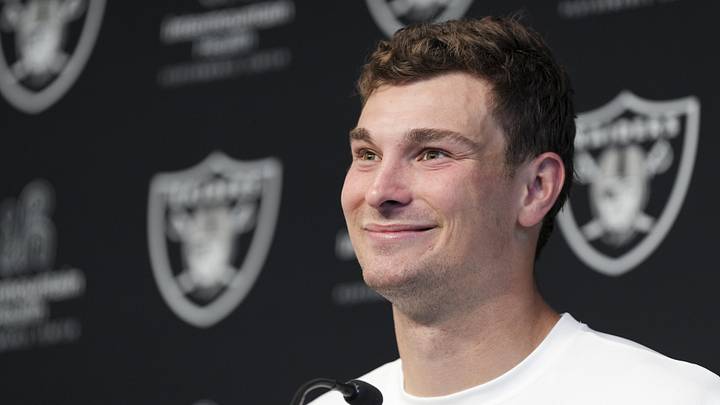 Las Vegas Raiders quarterback Fernando Mendoza speaks during a news conference at the team’s Rookie Minicamp. Las Vegas Raiders quarterback Fernando Mendoza speaks during a news conference at the team’s Rookie Minicamp.