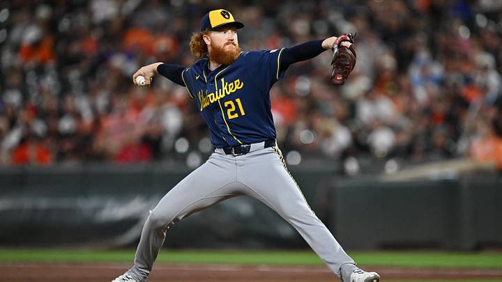 Sep 18, 2026; Baltimore, Maryland, USA; Milwaukee Brewers pitcher Dustin May (21) pitches in the second inning against the Baltimore Orioles at Oriole Park at Camden Yards. Mandatory Credit: Jamie Sabau-Imagn Images Sep 18, 2026; Baltimore, Maryland, USA; Milwaukee Brewers pitcher Dustin May (21) pitches in the second inning against the Baltimore Orioles at Oriole Park at Camden Yards. Mandatory Credit: Jamie Sabau-Imagn Images