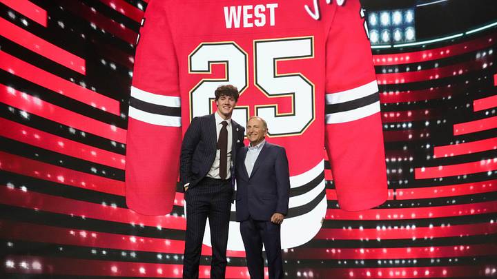 Jun 27, 2025; Los Angeles, California, USA; Mason West is selected as the 29th overall pick to the Chicago Blackhawks in the first round of the 2025 NHL Draft at Peacock Theater. Mandatory Credit: Kirby Lee-Imagn Images