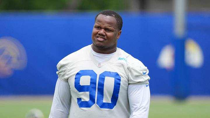 Jun 3, 2025; Woodland Hills, CA, USA; Los Angeles Rams defensive end Tyler Davis (90) during organized team activities at Rams Practice Facility. Mandatory Credit: Kirby Lee-Imagn Images Jun 3, 2025; Woodland Hills, CA, USA; Los Angeles Rams defensive end Tyler Davis (90) during organized team activities at Rams Practice Facility. Mandatory Credit: Kirby Lee-Imagn Images