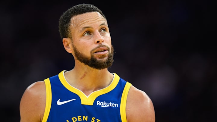 Golden State Warriors guard Stephen Curry (30) looks on against the Phoenix Suns in the third quarter at Chase Center. Golden State Warriors guard Stephen Curry (30) looks on against the Phoenix Suns in the third quarter at Chase Center.