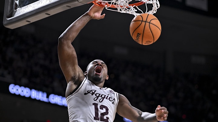 Feb 28, 2026; College Station, Texas, USA; Texas A&M Aggies forward Rashaun Agee (12) reacts during the second half against the Texas Longhorns at Reed Arena. Mandatory Credit: Maria Lysaker-Imagn Images 