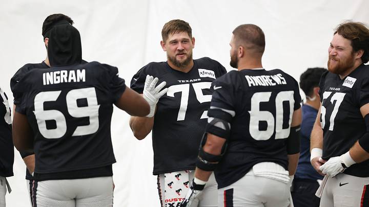 Jul 31, 2026; Houston, TX, USA; Houston Texans guard Wyatt Teller (75) during training camp at Houston Methodist Training Center. Mandatory Credit: Troy Taormina-Imagn Images Jul 31, 2026; Houston, TX, USA; Houston Texans guard Wyatt Teller (75) during training camp at Houston Methodist Training Center. Mandatory Credit: Troy Taormina-Imagn Images