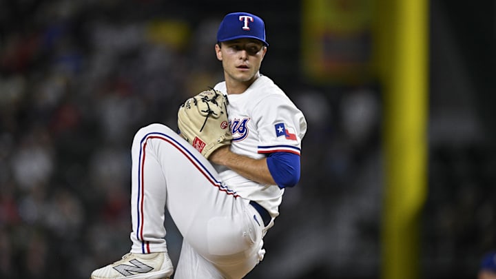 Sep 2, 2024; Arlington, Texas, USA; Texas Rangers starting pitcher Jack Leiter (35) pitches against the New York Yankees during the first inning at Globe Life Field.