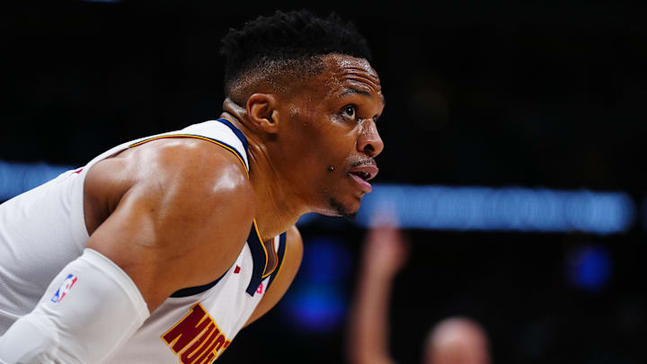 Apr 11, 2025; Denver, Colorado, USA; Denver Nuggets guard Russell Westbrook (4) during the second half against the Memphis Grizzlies at Ball Arena. Mandatory Credit: Ron Chenoy-Imagn Images Apr 11, 2025; Denver, Colorado, USA; Denver Nuggets guard Russell Westbrook (4) during the second half against the Memphis Grizzlies at Ball Arena. Mandatory Credit: Ron Chenoy-Imagn Images