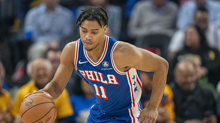 Jan 30, 2024; San Francisco, California, USA;  Philadelphia 76ers guard Jaden Springer (11) dribbles during the first quarter against the Golden State Warriors at Chase Center. Mandatory Credit: Neville E. Guard-Imagn Images