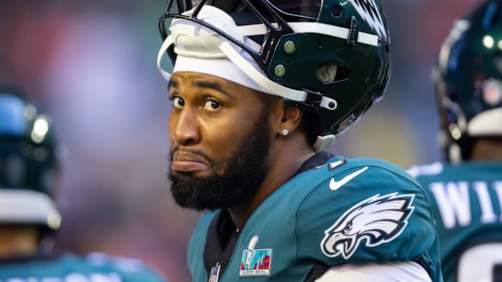 Feb 12, 2023; Glendale, Arizona, US; Philadelphia Eagles linebacker Haason Reddick (7) reacts