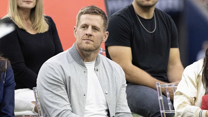 Oct 1, 2023; Houston, Texas, USA; Former Houston Texans JJ Watt listens during his Ring Of Honor