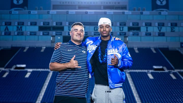 BYU wide receiver commit Legend Glasker with wide receivers coach Fesi Sitake BYU wide receiver commit Legend Glasker with wide receivers coach Fesi Sitake