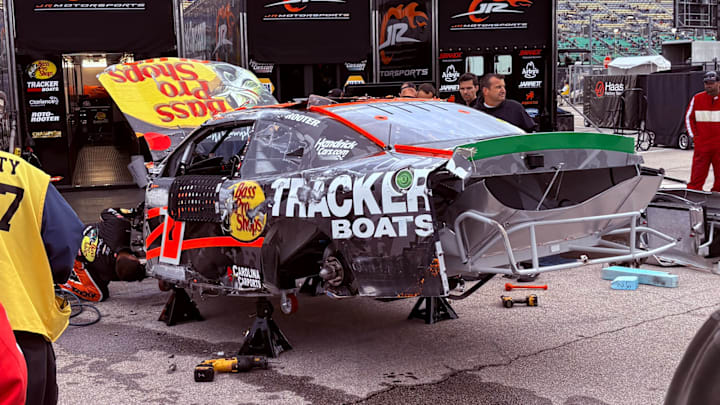 Carson Kvapil's No. 1 Chevrolet in the Kansas Speedway garage area after a wild flip on Lap 2 of the Kansas Lottery 300 at Kansas Speedway.