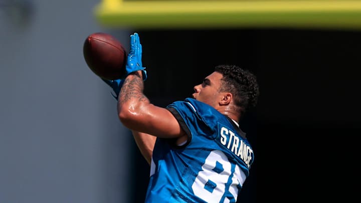 Jacksonville Jaguars tight end Brenton Strange (85) catches a pass during an organized team activity Tuesday, May 28, 2024 at EverBank Stadium’s Miller Electric Center in Jacksonville, Fla.