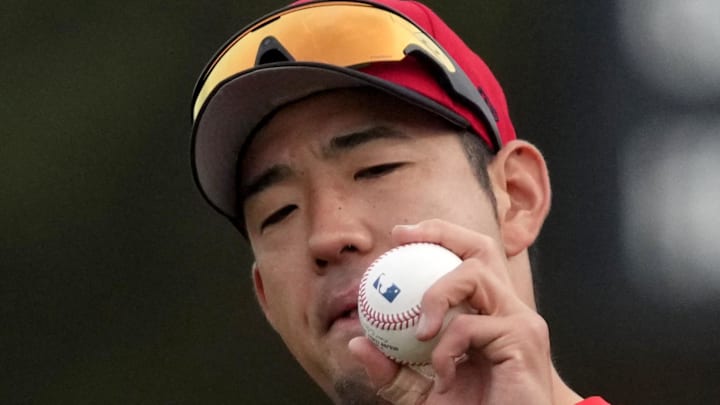 Feb 16, 2026; Tempe, AZ, USA; Los Angeles Angels pitcher Yusei Kikuchi (16) runs through drills during spring training camp. Mandatory Credit: Rick Scuteri-Imagn Images