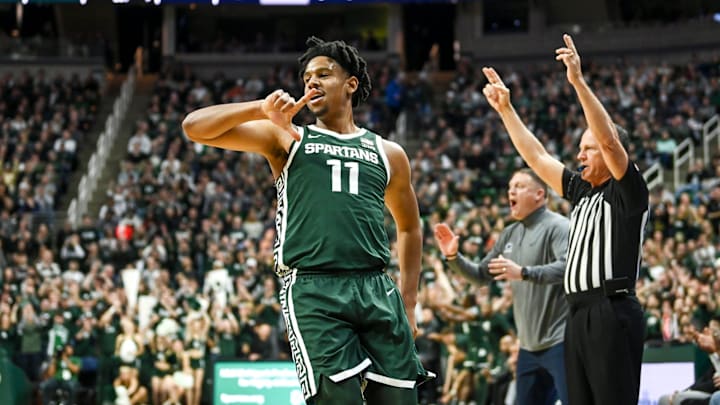 Michigan State's A.J. Hoggard celebrates a 3-pointer against Penn State during the first half on