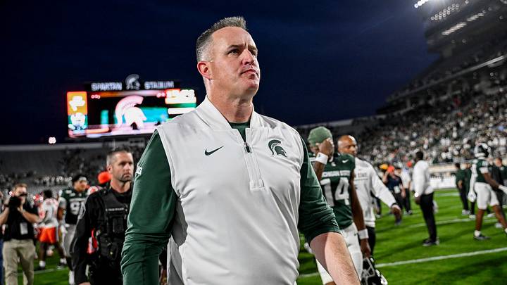 Michigan State’s head coach Pat Fitzgerald leaves the field after the Spartans loss to Illinois in overtime on Saturday, Oct. 10, 2026, at Spartan Stadium in East Lansing.