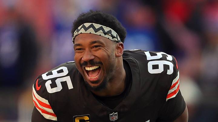Browns defensive end Myles Garrett smiles