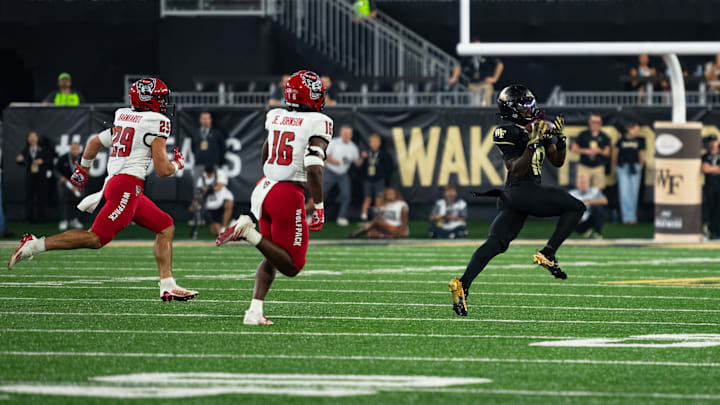 Wake Forest wide receiver Chris Barnes makes a catch in the game against NC State on September 11, 2025. 
