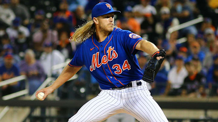 Sep 28, 2021; New York City, New York, USA; New York Mets starting pitcher Noah Syndergaard (34) throws against the Miami Marlins during the first inning of game two of a doubleheader at Citi Field