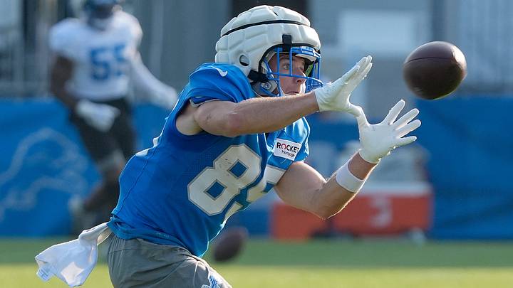 Detroit Lions wide receiver #86 Tom Kennedy catches a pass during practice at the Detroit Lions training facility in Allen Park on Wednesday, August 14, 2024. Detroit Lions wide receiver #86 Tom Kennedy catches a pass during practice at the Detroit Lions training facility in Allen Park on Wednesday, August 14, 2024.
