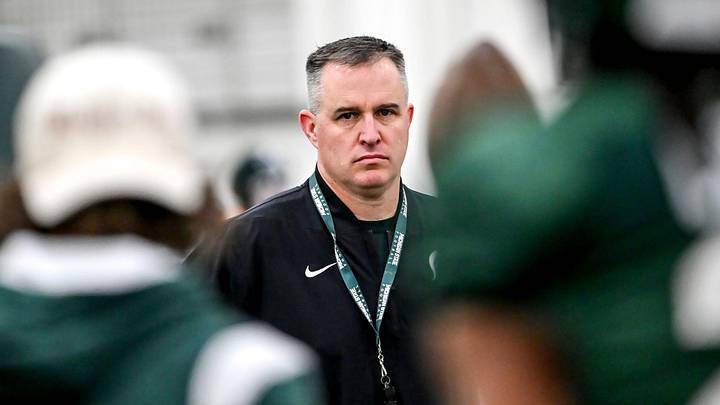 Michigan State's head coach Pat Fitzgerald looks on during spring football practice on Tuesday, March 24, 2026, in East Lansing.