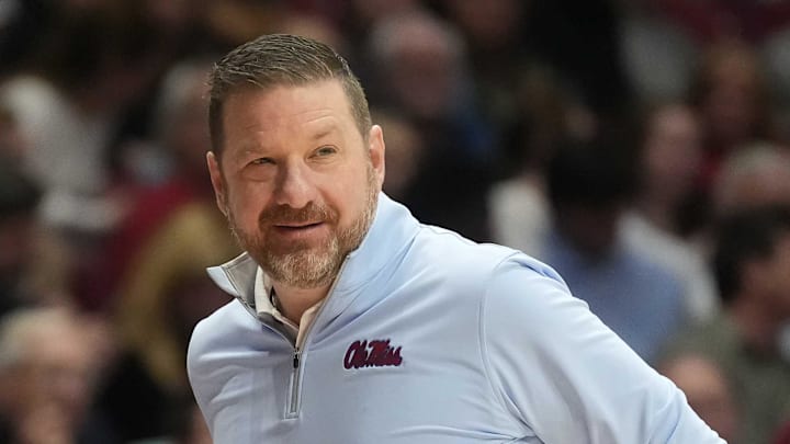 Jan 14, 2025; Tuscaloosa, AL, USA;  Ole Miss head coach Chris Beard coaches his team against Alabama at Coleman Coliseum. Mandatory Credit: Gary Cosby Jr.-USA TODAY Network via Imagn Images