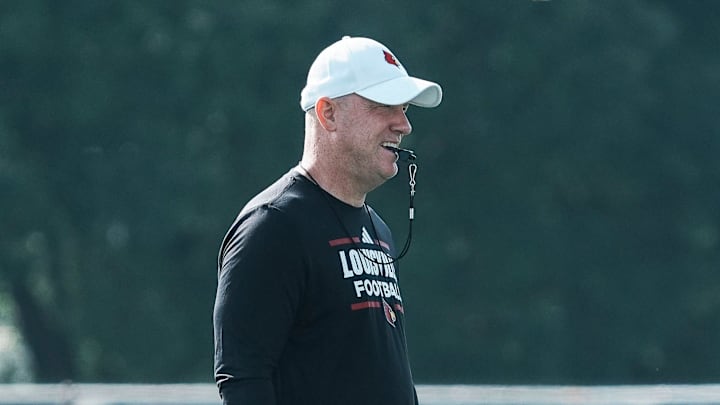 Louisville Cardinals football coach Jeff Brohm during practice August 1, 2025, in Louisville, Kentucky. Louisville Cardinals football coach Jeff Brohm during practice August 1, 2025, in Louisville, Kentucky.