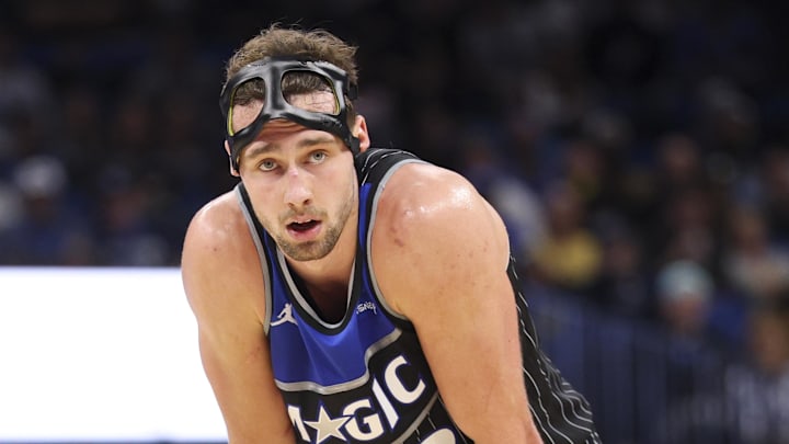 Dec 3, 2025; Orlando, Florida, USA; Orlando Magic forward Franz Wagner (22) looks on against the San Antonio Spurs in the third quarter at Kia Center. Mandatory Credit: Nathan Ray Seebeck-Imagn Images