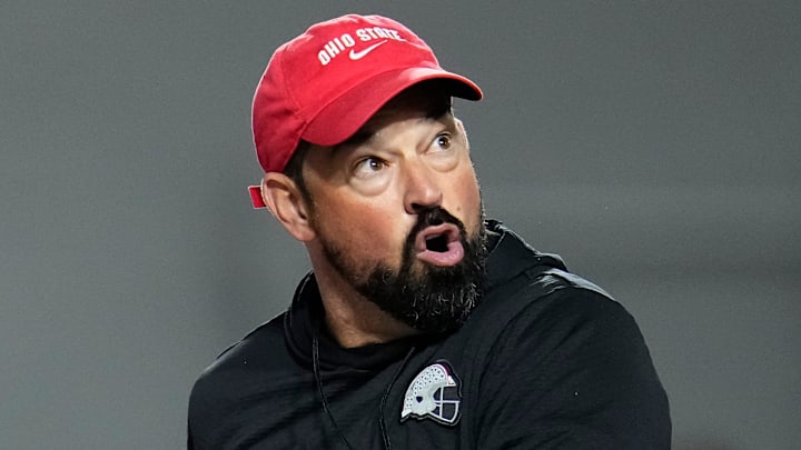 Ohio State Buckeyes head coach Ryan Day reacts during the first day of spring workouts for the 2026 football season at Woody Hayes Athletic Complex in Columbus on March 10, 2026.