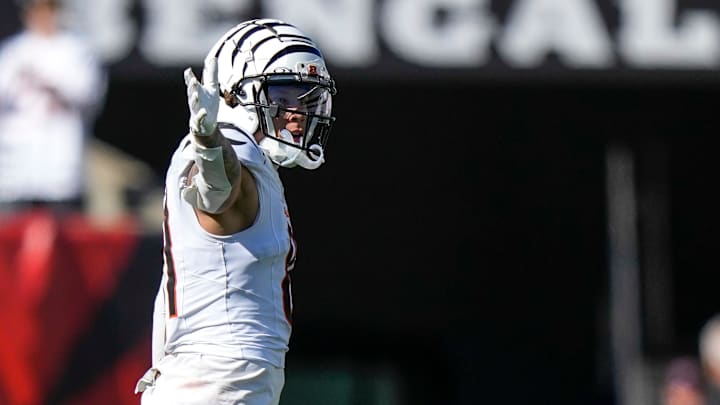 Cincinnati Bengals wide receiver Jermaine Burton (81) celebrates a first down on a deep pass in the second quarter of the NFL Week 8 game between the Cincinnati Bengals and the Philadelphia Eagles at Paycor Stadium in downtown Cincinnati on Sunday, Oct. 27, 2024.