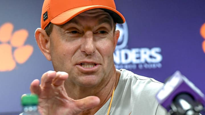 Clemson head coach Dabo Swinney during the first football practice at the Allen N. Reeves Football Complex at Clemson University in Clemson, S.C. Friday, February 28, 2025.