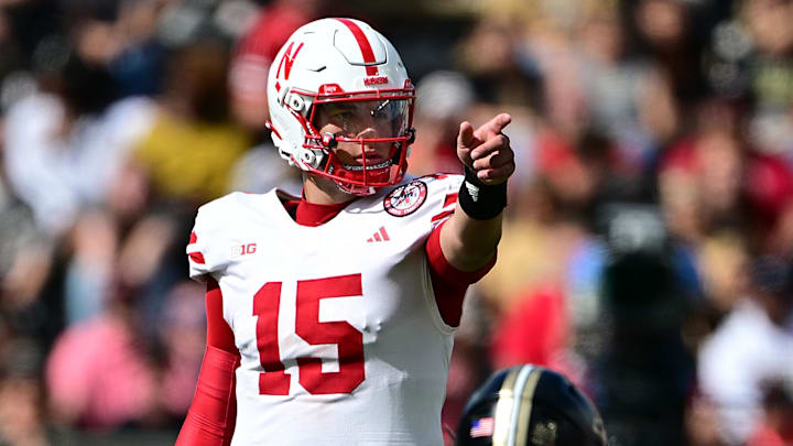 Sep 28, 2024; West Lafayette, Indiana, USA; Nebraska Cornhuskers quarterback Dylan Raiola (15) points at the line of scrimmage before the snap against the Purdue Boilermakers during the second half at Ross-Ade Stadium. Mandatory Credit: Marc Lebryk-Imagn Images