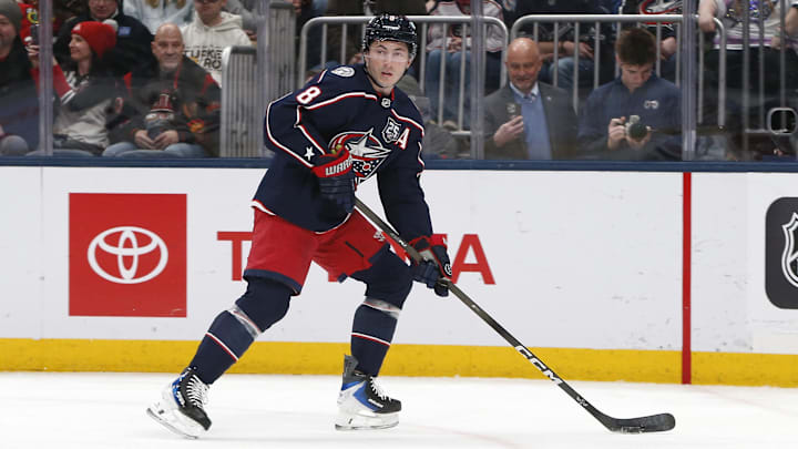 Feb 4, 2026; Columbus, Ohio, USA; Columbus Blue Jackets defenseman Zach Werenski (8) controls the puck against the Chicago Blackhawks during the first period at Nationwide Arena. Mandatory Credit: Russell LaBounty-Imagn Images