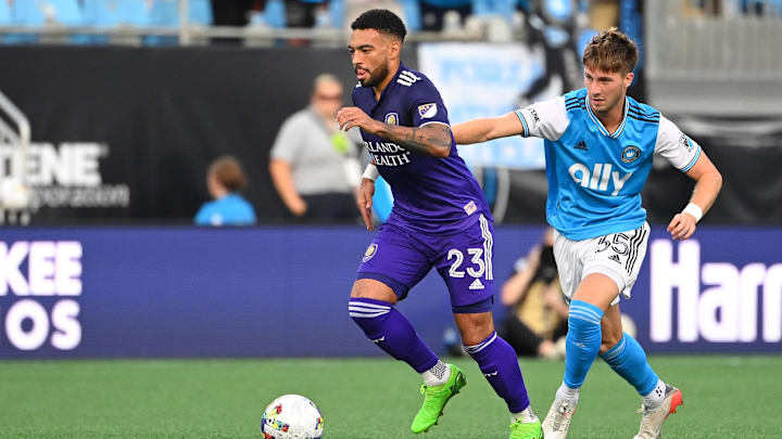 Aug 21, 2022; Charlotte, North Carolina, USA; Orlando City midfielder Jake Mulraney (23) with the