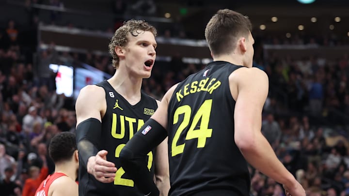 Feb 1, 2023; Salt Lake City, Utah, USA; Utah Jazz forward Lauri Markkanen (23) and center Walker Kessler (24) react to a foul by the Toronto Raptors in the fourth quarter at Vivint Arena. Mandatory Credit: Rob Gray-Imagn Images Feb 1, 2023; Salt Lake City, Utah, USA; Utah Jazz forward Lauri Markkanen (23) and center Walker Kessler (24) react to a foul by the Toronto Raptors in the fourth quarter at Vivint Arena. Mandatory Credit: Rob Gray-Imagn Images