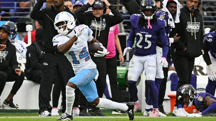 Oct 4, 2026; Baltimore, Maryland, USA; Tennessee Titans wide receiver Carnell Tate (14) runs the ball during the third quarter against the Tennessee Titans at M&T Bank Stadium. Mandatory Credit: Tommy Gilligan-Imagn Images Oct 4, 2026; Baltimore, Maryland, USA; Tennessee Titans wide receiver Carnell Tate (14) runs the ball during the third quarter against the Tennessee Titans at M&T Bank Stadium. Mandatory Credit: Tommy Gilligan-Imagn Images