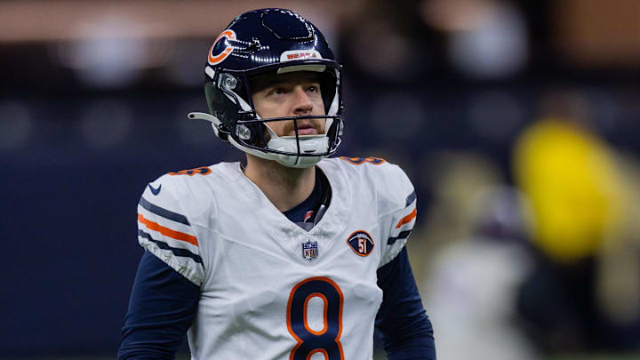 Nov 5, 2023; New Orleans, Louisiana, USA;  Chicago Bears place kicker Cairo Santos (8) during warmups before the game against the New Orleans Saints at the Caesars Superdome. Mandatory Credit: Stephen Lew-Imagn Images