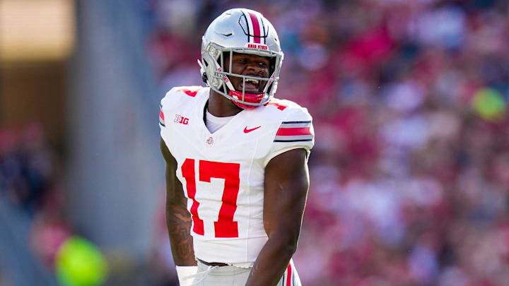 Ohio State Buckeyes linebacker TJ Alford (17) reacts in the second half at Camp Randall Stadium on Saturday, Oct. 18, 2025 in Madison, Wisconsin.