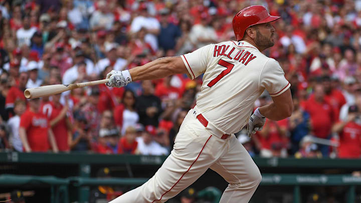 Oct 1, 2016; St. Louis, MO, USA; St. Louis Cardinals pinch hitter Matt Holliday (7) hits an rbi single against the Pittsburgh Pirates at Busch Stadium. Mandatory Credit: Scott Rovak-Imagn Images