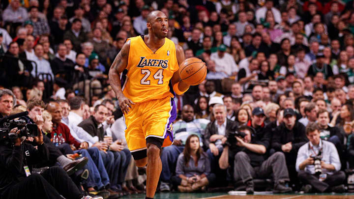 Feb 09, 2012; Boston, MA, USA; Los Angeles Lakers shooting guard Kobe Bryant (24) on the court against the Boston Celtics at the TD Garden. Mandatory Credit: David Butler II-Imagn Images