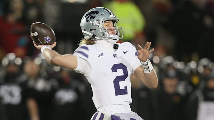 Kansas State Wildcats quarterback Avery Johnson (2) passes the ball against Iowa State during the first quarter in the NCAA football at Jack Trice Stadium on Saturday, Nov. 30, 2024, in Ames, Iowa. Kansas State Wildcats quarterback Avery Johnson (2) passes the ball against Iowa State during the first quarter in the NCAA football at Jack Trice Stadium on Saturday, Nov. 30, 2024, in Ames, Iowa.