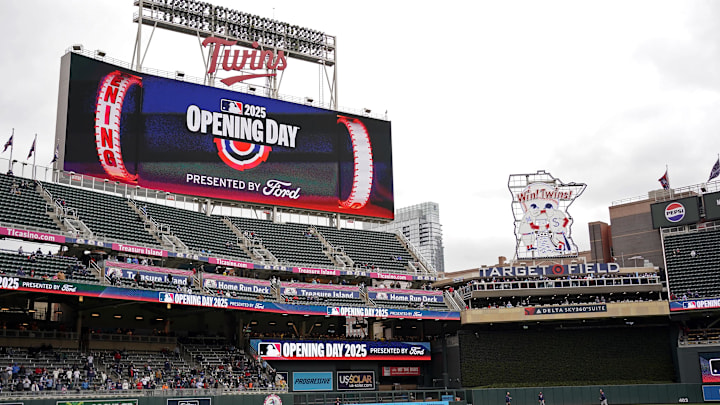 Apr 3, 2025; Minneapolis, Minnesota, USA; The scoreboard displays the Opening Day logo for Minnesota Twins Home Opener before a game against the Houston Astros at Target Field. Apr 3, 2025; Minneapolis, Minnesota, USA; The scoreboard displays the Opening Day logo for Minnesota Twins Home Opener before a game against the Houston Astros at Target Field.