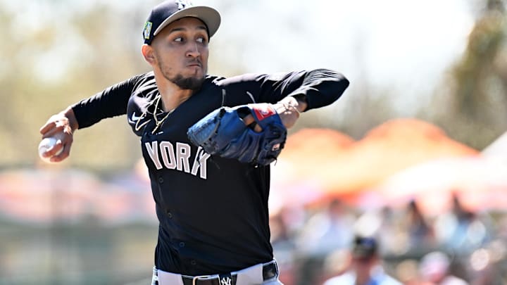 Feb 20, 2026; Sarasota, Florida, USA; New York Yankees starting pitcher Elmer Rodriguez (76) throws a pitch in the first inning against the Baltimore Orioles during spring training at Ed Smith Stadium. Mandatory Credit: Jonathan Dyer-Imagn Images Feb 20, 2026; Sarasota, Florida, USA; New York Yankees starting pitcher Elmer Rodriguez (76) throws a pitch in the first inning against the Baltimore Orioles during spring training at Ed Smith Stadium. Mandatory Credit: Jonathan Dyer-Imagn Images